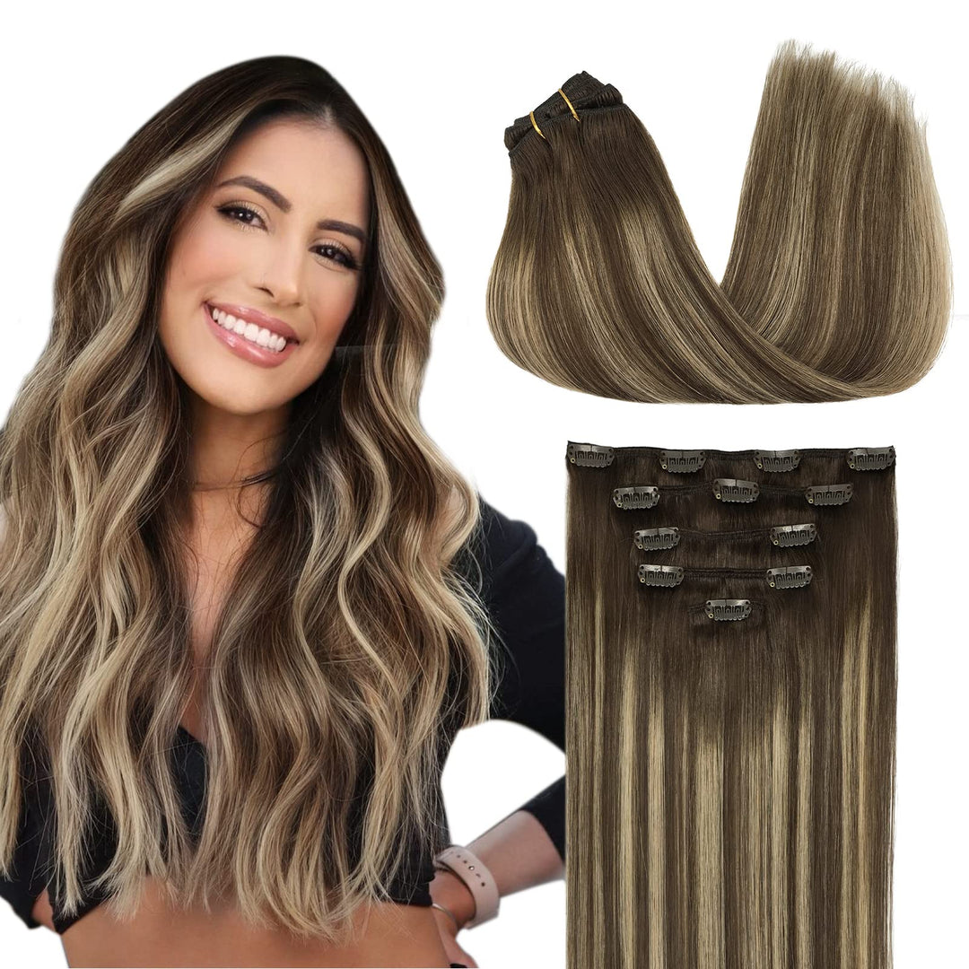 Doores Hair Extensions Clip In Human Hair, 5Pcs 75G Balayage Chocolate Brown To Honey Blonde 16 Inch Clip In Hair Extensions Rem