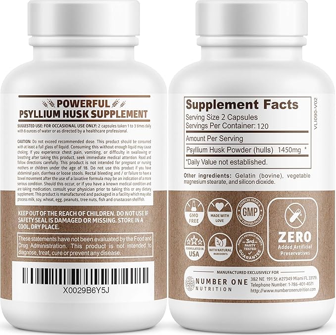 N1N Premium Psyllium Husk Capsules [All Natural,1450 MG] Powerful Soluble Fiber Supplement to Support Regularity and Digestive Health, 240 Caps