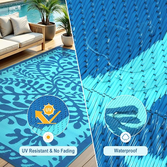 Anidaroel 8x10 Outdoor Rug for Patios Clearance, Waterproof Camping Rug for Outside RV, Reversible Plastic Straw Outside Rugs, Large Outdoor Area Rug for Garden, Camper(Blue,8’x10’)