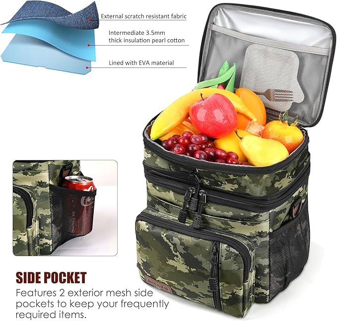 MIYCOO Lunch Bag & Lunch Box for Men Women Double Deck - Leakproof Insulated Soft Large Adult Lunch Cooler Bag for Work (Camouflage, 15L)