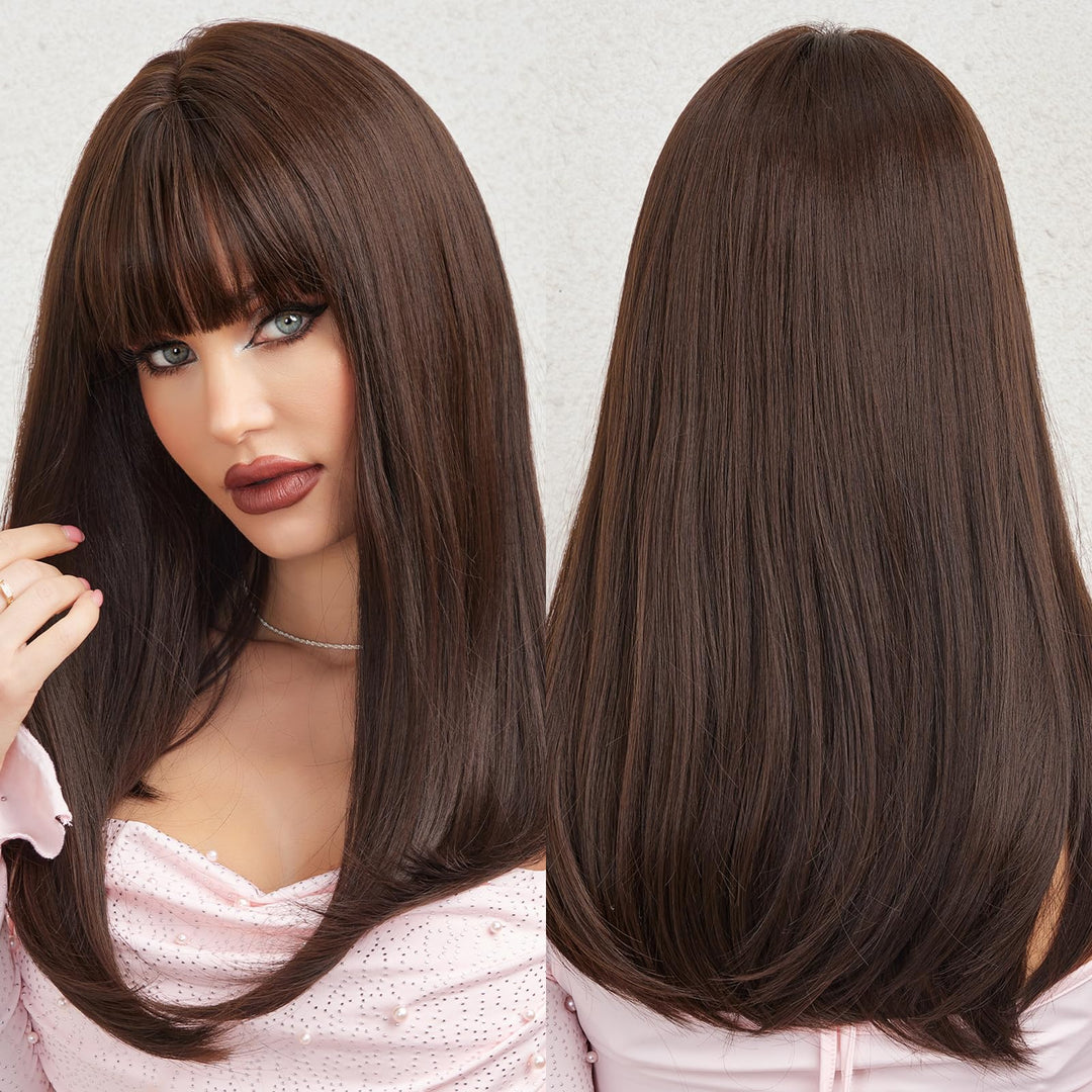 Haircube Dark Brown Synthetic Women'S Wig Long Straight Layered And Heat Resistant