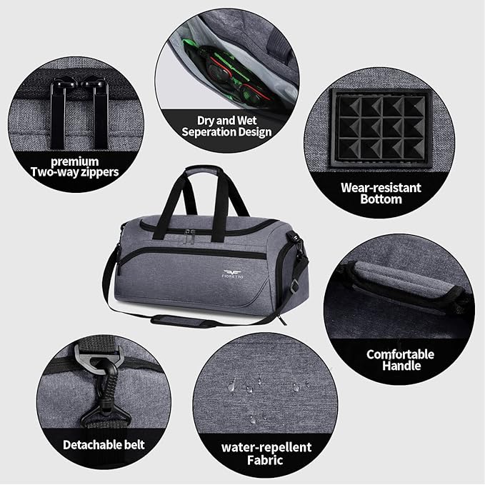 FIORETTO 35L Mens Sports Gym Duffle Bag with Wet Pocket & Shoe Compartment, Overnight Weekender Bag with Padded Shoulder Strap, Ideal for Travel, Gym, Sports, Swimming, Grey