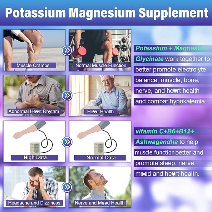 Potassium Magnesium Gummies - Potassium Supplement w/Ashwagandha 200mg, High Absorption Magnesium Glycinate,B6,B12,P-otassium Citrate for Leg Cramps,Muscle,Electroyte for Adults Kids,Sugar-Free,2Pack