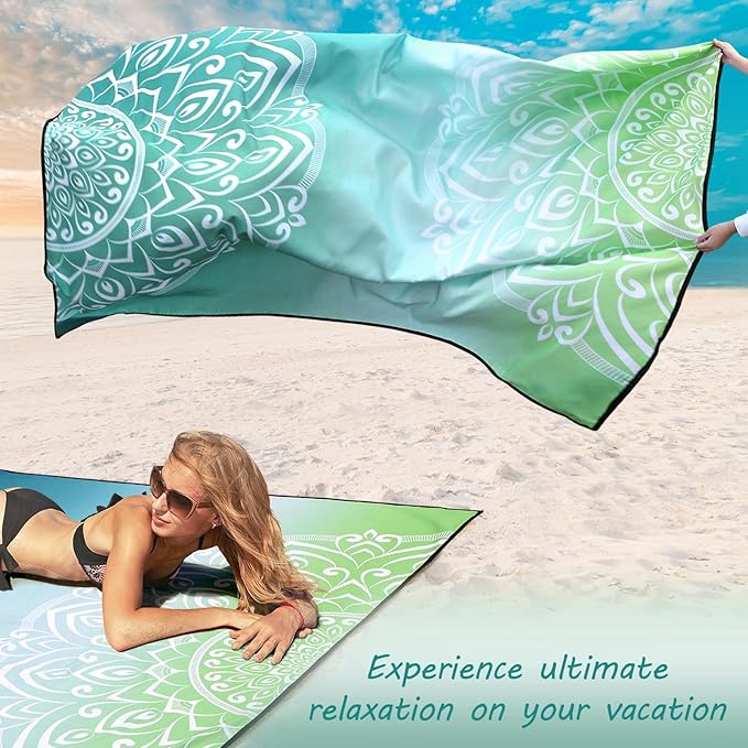 Beach Blanket, Wateresistant Sandproof Sand Free Beach Mat with Corner Pockets Portable Bag for Beach Festival,Picnic,Travel and Outdoor Camping Activties (Mandarin-Green,79"×83"(4 Person))
