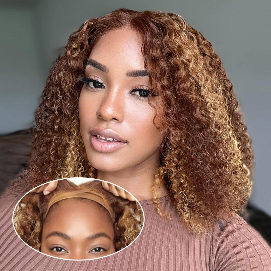 Ailwelia Highlight Blonde Wear And Go Glueless Curly Bob Wig Pre Plucked 4/27 5x5 Hd Lace Closure Wigs Human Hair For Black Women 200% Density Deep Wave Glueless Wigs Human Hair Bob 12 Inch