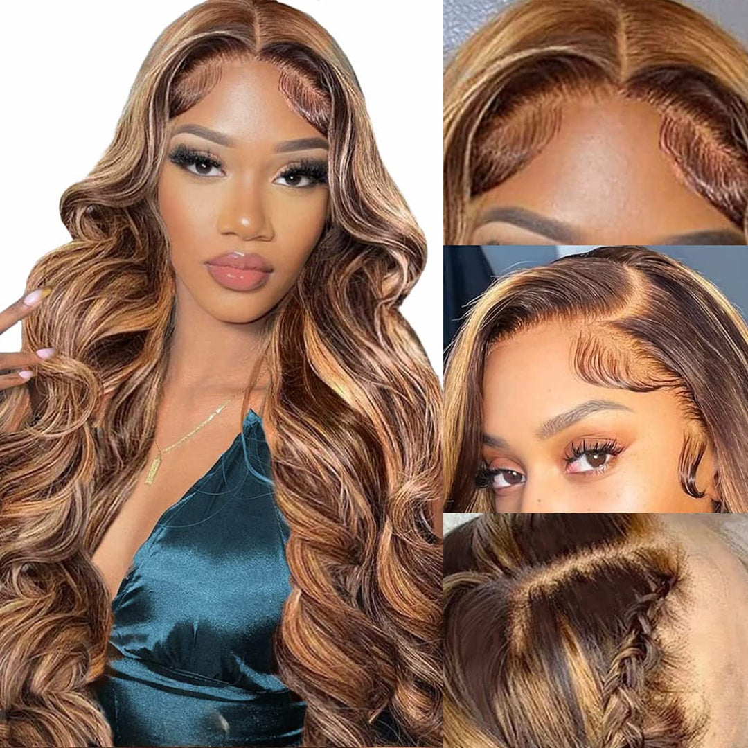 Aicrelery 32 Inch Highlight 13X6 Lace Front Wigs Human Hair Ombre P4/27 Colored Honey Blonde Frontal Wigs Pre Plucked With Baby