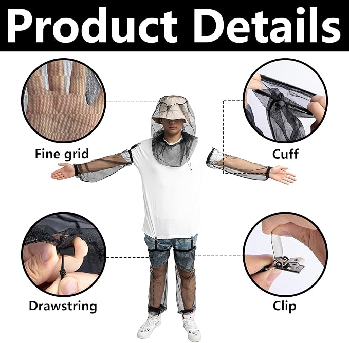 5 Pcs Mosquito Netting Suit-Extra Large Mosquito Head Net Mesh,Arm and Leg Sleeves-Mosquito Protection Suit for Men Women Camping Hiking Fishing