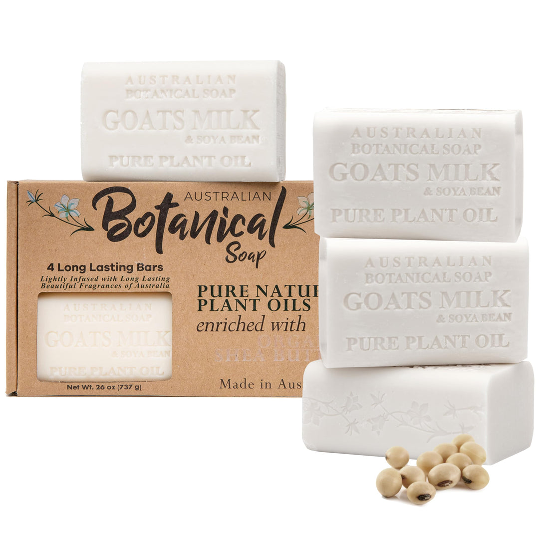 Australian Botanical Soap 6.5 Oz Pack Of 4, Goat Milk Soap Bars With Soya Bean Oil, Enriched With Organic Shea Butter, Suitable