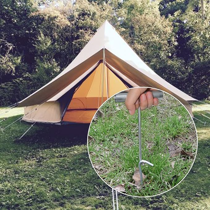 AAGUT 50 Pack Inflatable Stakes and Tethers, 9" Metal Camping Tent Stakes, Galvanized Garden Edging Fence Hooks, Ground Stakes for Trap and Christmas Decorations, Canopy Pegs with and Ties and T Hook