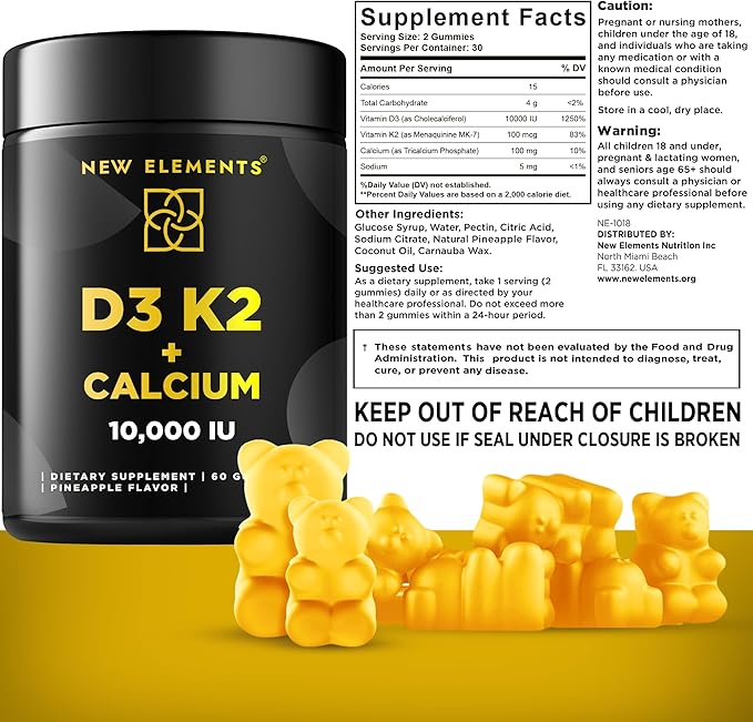 Vitamin D3 K2 Gummies 10000 IU with Calcium 100mg - VIT D3 for Adults - Mk7 Vitamin K2 100mcg - Vitamin D Supplement for Men & Women - Vegan Gluten Free Non-GMO