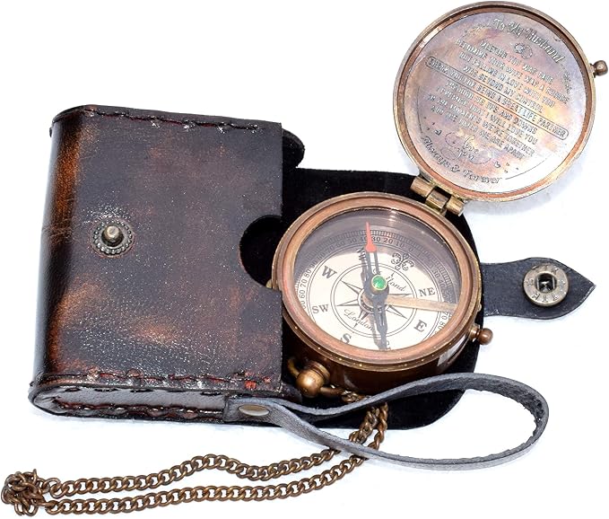 Antique Nautical Vintage Directional Magnetic Compass with Famous Scripture Quote Engraved Baptism Gifts with Leather Case or Wooden Case for Loved Ones, Son, Father, Love, Partner, Spouse, Fiancé