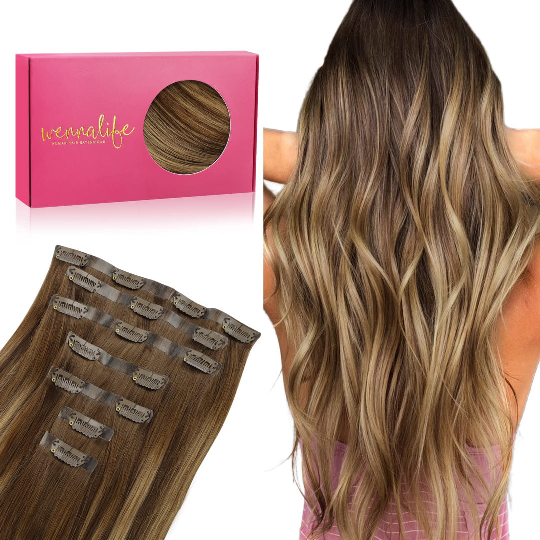 Wennalife Seamless Clip In Hair Extensions Human Hair, 24 Inch 160G 7Pcs Balayage Chocolate Brown To Caramel Blonde Hair Extensi