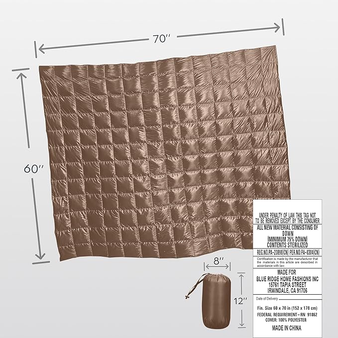 Blue Ridge Home Fashions Down Throw Camping Blanket - Packable Lightweight Down Throw Blanket for Outdoor Travel Hiking Picnic RV, Puffy Warm Blanket 60" x 70" with Carry Bag, 650 Fill Power