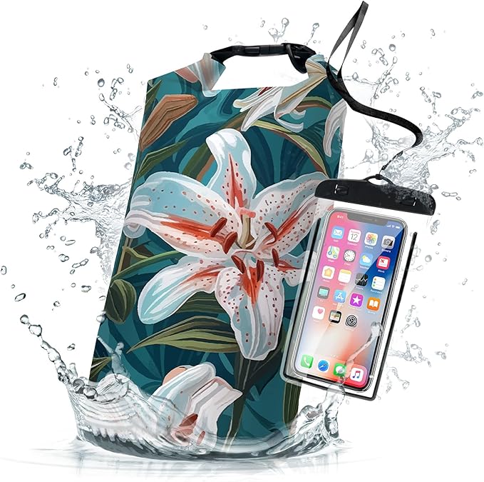 Waterproof Dry Bag,Roll Top Flowers Lily Waterproof Backpack 5L/10L/20L Floating and Lightweight Bags for Kayaking, Boating, Fishing, Swimming and Camping with Waterproof Phone Case