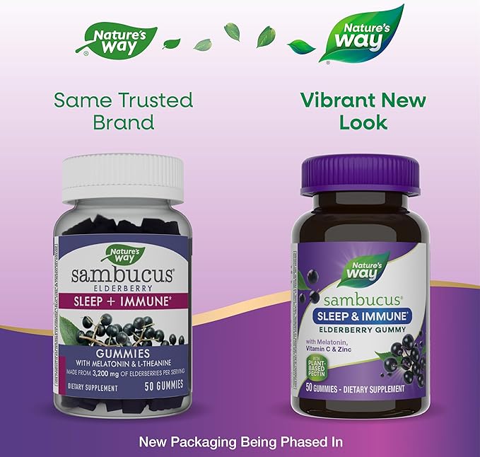 Nature’s Way Sambucus Sleep + Immune* Elderberry Gummies, Sleep and Immune Support*, With Melatonin, Vitamin C, L-Theanine, Zinc, 50 Gummies (Packaging May Vary)