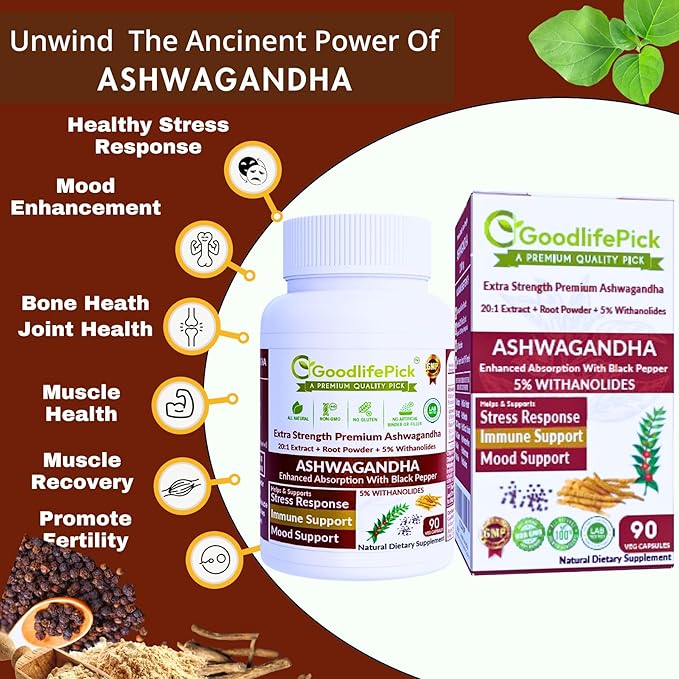 Ashwagandha Capsules with Black Pepper from Pure Ashwagandha Powder & 20:1 Ashwagandha Root Extract with Black Pepper 90 Veg Cap AllNatural NonGMO Vegan NO Rice Powder NO Gluten