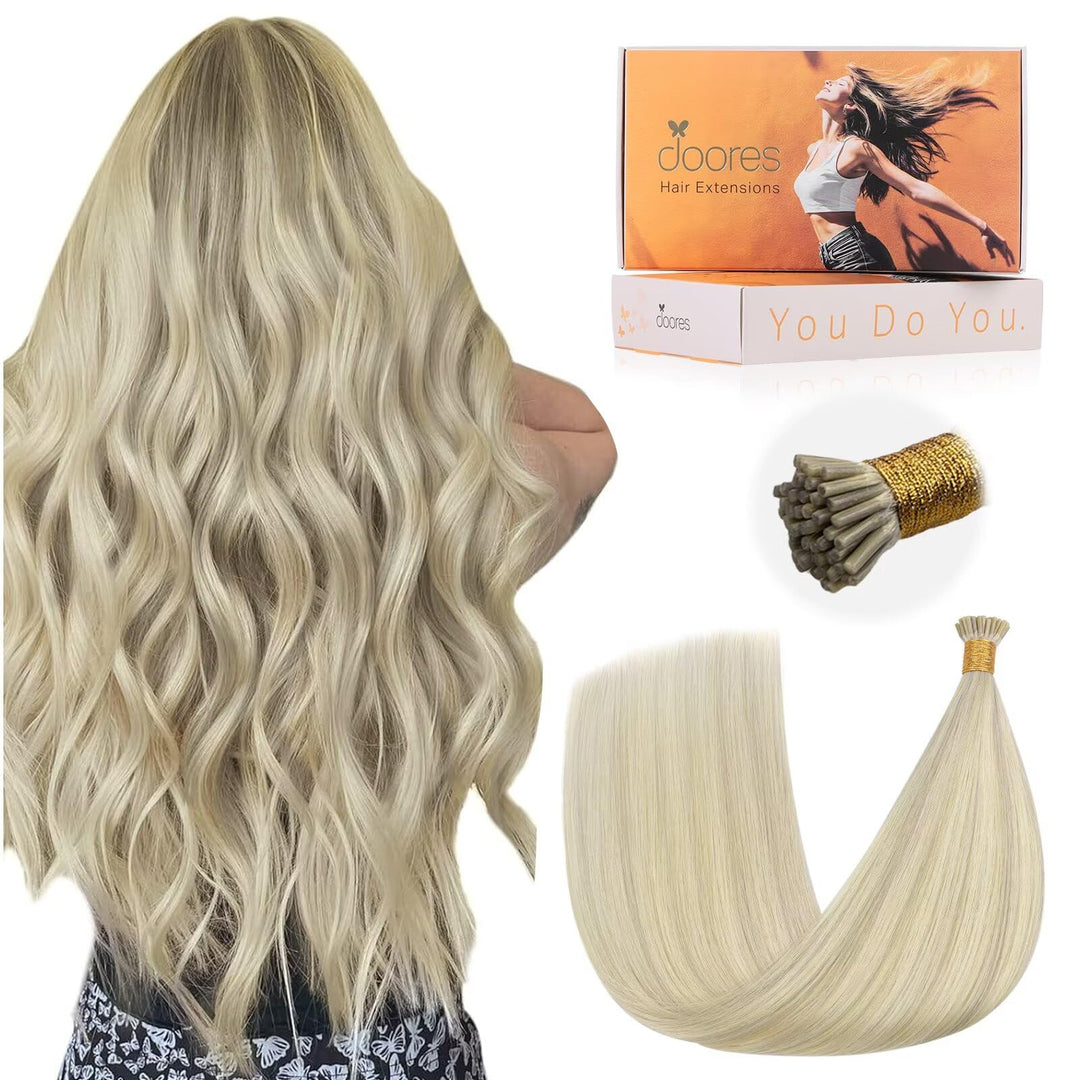 Doores I Tips Hair Extensions Remy Hair, Ash Blonde Highlighted Platinum Blonde 50G/50S 24 Inch, Natural Straight I Tip Hair Ext