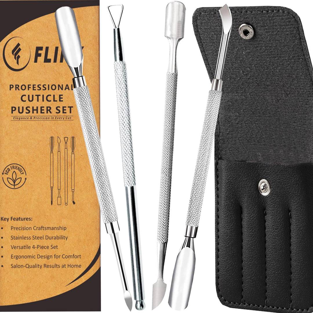 FLINX Metal Cuticle Pushers 4 Pcs Nail Manicure Tools for Manicure & Pedicure, Metal Cuticle Pusher and Scraper, Gift for Men & Women
