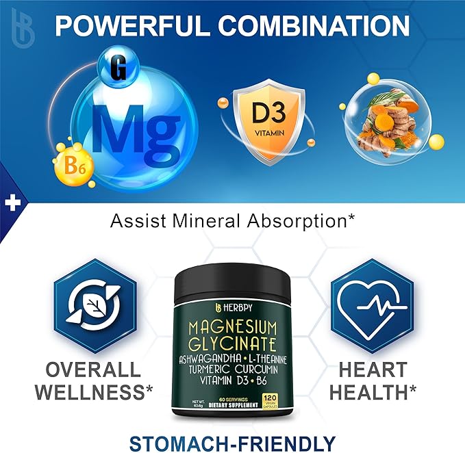 6in1 Restful Day and Night Supplement with Magnesium Glycinate, Vitamin D3, B6, L-Theanine, Ashwagandha and Turmeric Root - Brain, Heart and Digestive Health Support - 120 Vegan Capsules