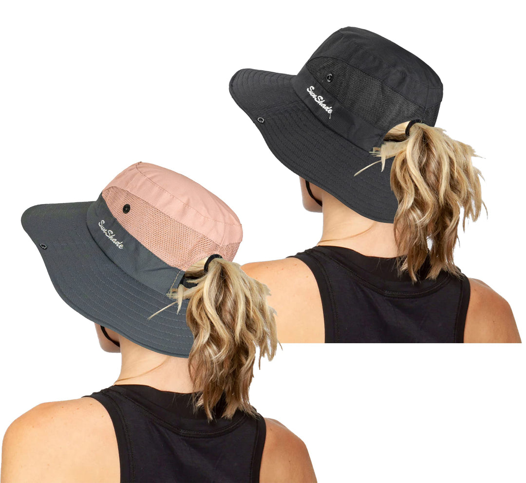 Women's Outdoor UV-Protection-Foldable Sun-Hats Mesh Wide-Brim Beach Fishing Hat with Ponytail-Hole (Pink+Black)