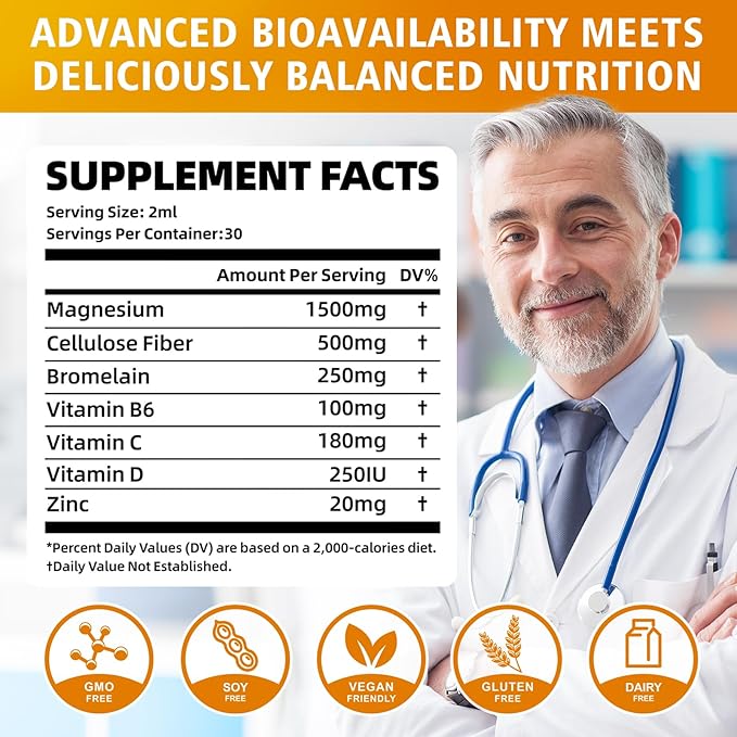 2 Pack Magnesium Glycinate Liquid, High Absorption Magnesium Liquid Drops with Cellulose Fiber, Bromelain, Vitamins B6 C D & Zinc, Magnesium Supplement for Adults & Kids, Pineapple Flavor