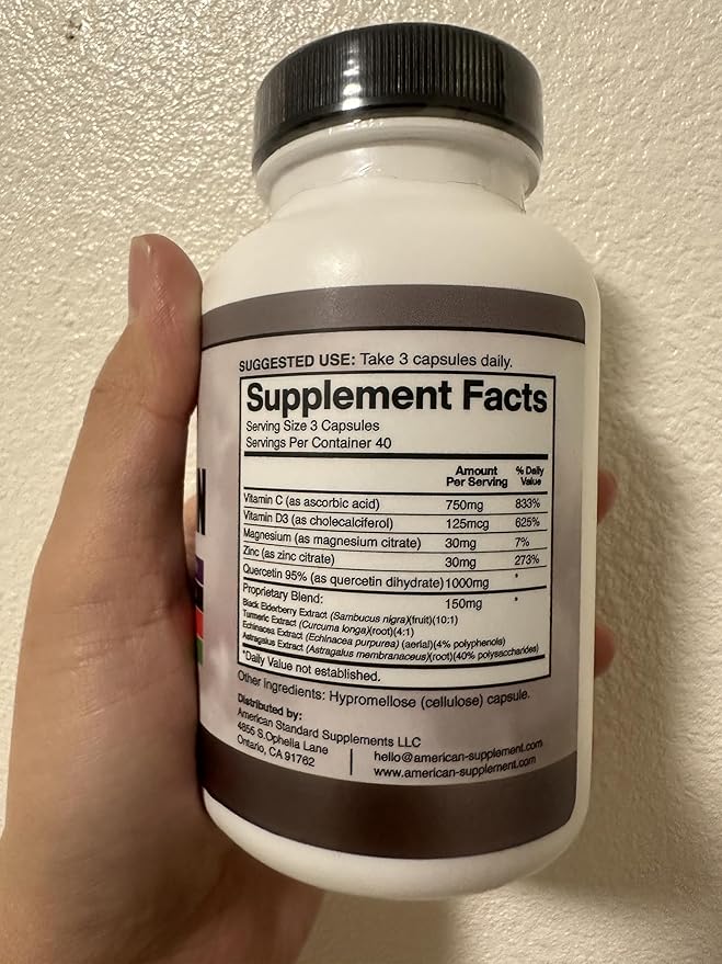 American Standard Supplements Quercetin 1000mg Per Serving with Zinc, Vitamin C, Vitamin D3, Magnesium, Elderberry, Echinacea, Turmeric, Astragalus - Gluten Free, Non-GMO, 120 Capsules, 40 Servings