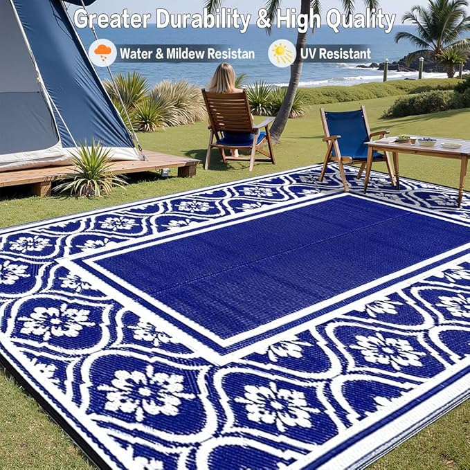Outdoor Rug 8x10 Patio Waterproof Mat Camping Carpet Outside Area Rug Reversible Light Blue Rugs for RV Deck Entryance Porch Picnic Balcony Beach