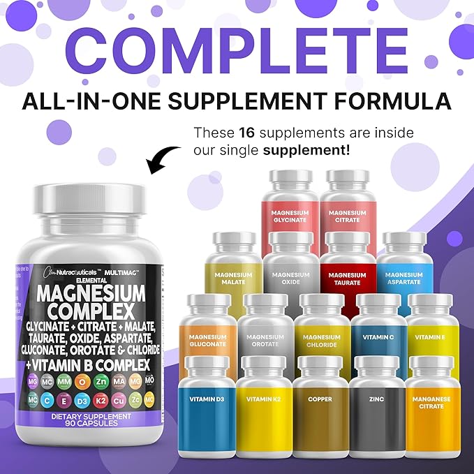 Clean Nutraceuticals Magnesium Complex with Magnesium Glycinate Citrate Malate Oxide Taurate Aspartate Orotate & Mag Chloride, Zinc Copper Manganese & Vitamin C B1 B2 B6 B12 Complex - 1Pack