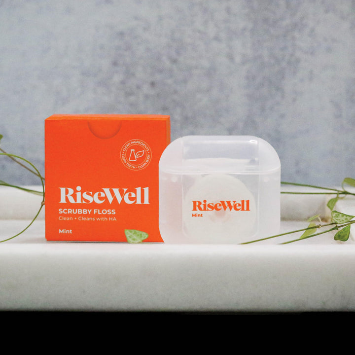 RiseWell Scrubby Floss - Natural PFAS Free Dental Floss with Hydroxyapatite - Dentist-Formulated for Plaque Removal & Enamel Strengthening - Vegan, Non-Toxic, Mint Waxed, 30 Yards