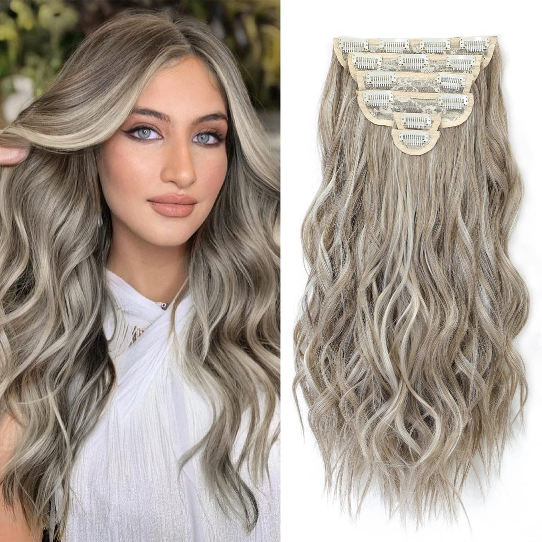 FLIACE Hair Extensions Clip ins, 6 PCS Wavy Extensions, Light Gray&Ash Blonde&Light Brown Thick Hair, Blends Well Hair Extensions (20Inch, 6PCS, Gray Brown&Ash Blonde)