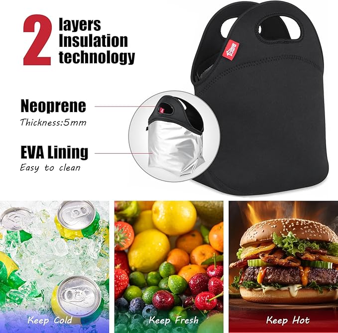 yookee home Waterproof Lunch Bag Double Layer Leakproof Neoprene Insulated Lunch Bag Freezable Black Reusable Thermal Lunch Cooler Tote Lunch Box for Boys Men Women Adult Kids for Work Outdoor