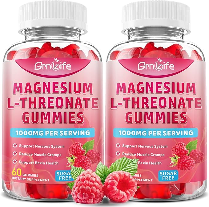 2 Pack Magnesium L-Threonate Gummies 1000MG, Magnesium Threonate Supplement for Kids & Adults, Muscle & Nervous System Support, Sugar-Free, Raspberry Flavor, 120 Count