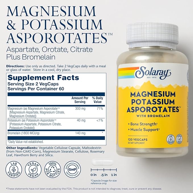 Solaray Magnesium and Potassium Asporotates with Bromelain, Magnesium Potassium Supplement for Bone Strength and Muscle Support, Vegan Magnesium Potassium Supplements, 60 Servings, 120 VegCaps
