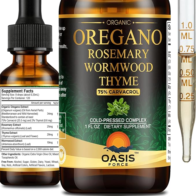 Oasisforce Organic Oil of Oregano Liquid Drops with 75% High Carvacrol – Wild Mediterranean Oregano Herbal Supplement for Immune & Digestive Health, Vegan, Sugar-Free, Alcohol-Free, Non-GMO, 1 FL OZ