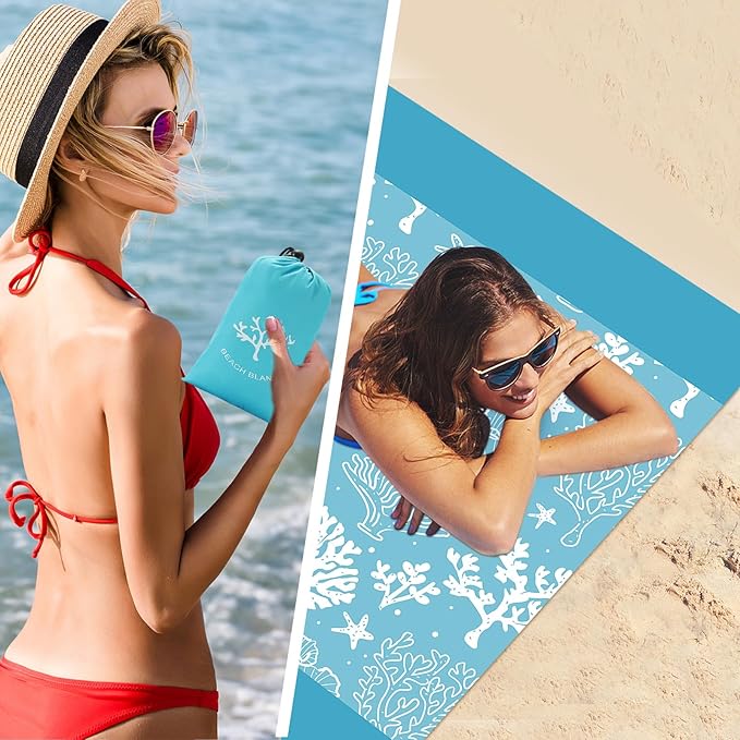 Beach Blanket Sandproof Extra Large Beach Mat Adults Waterproof Quick Drying Sand Free Mat Made by Premium Polyester with 4 Stakes & 4 Corner Pockets for Outdoor Travel Camping Hiking