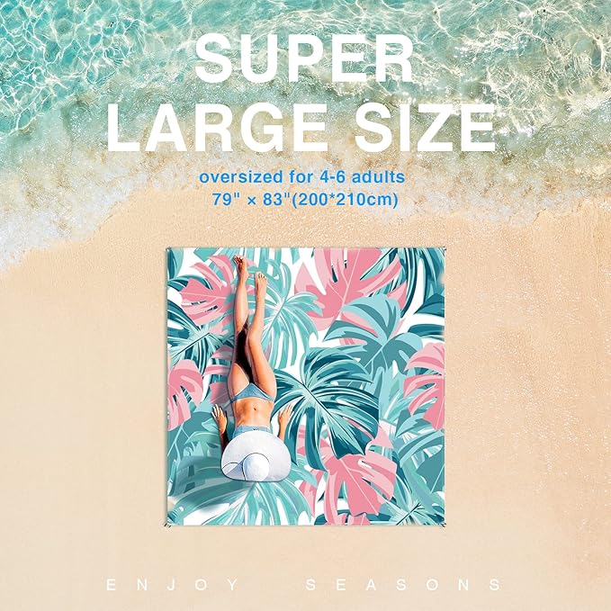 Beach Blanket, Waterproof Sandproof Beach Mat Oversized 79 X 83 Inch for 4-6 Adults, Lightweight Picnic Blanket, Portable Picnic Mat for Outdoor Travel Camping Hiking with 4 Stakes & 4 Corner Pocket