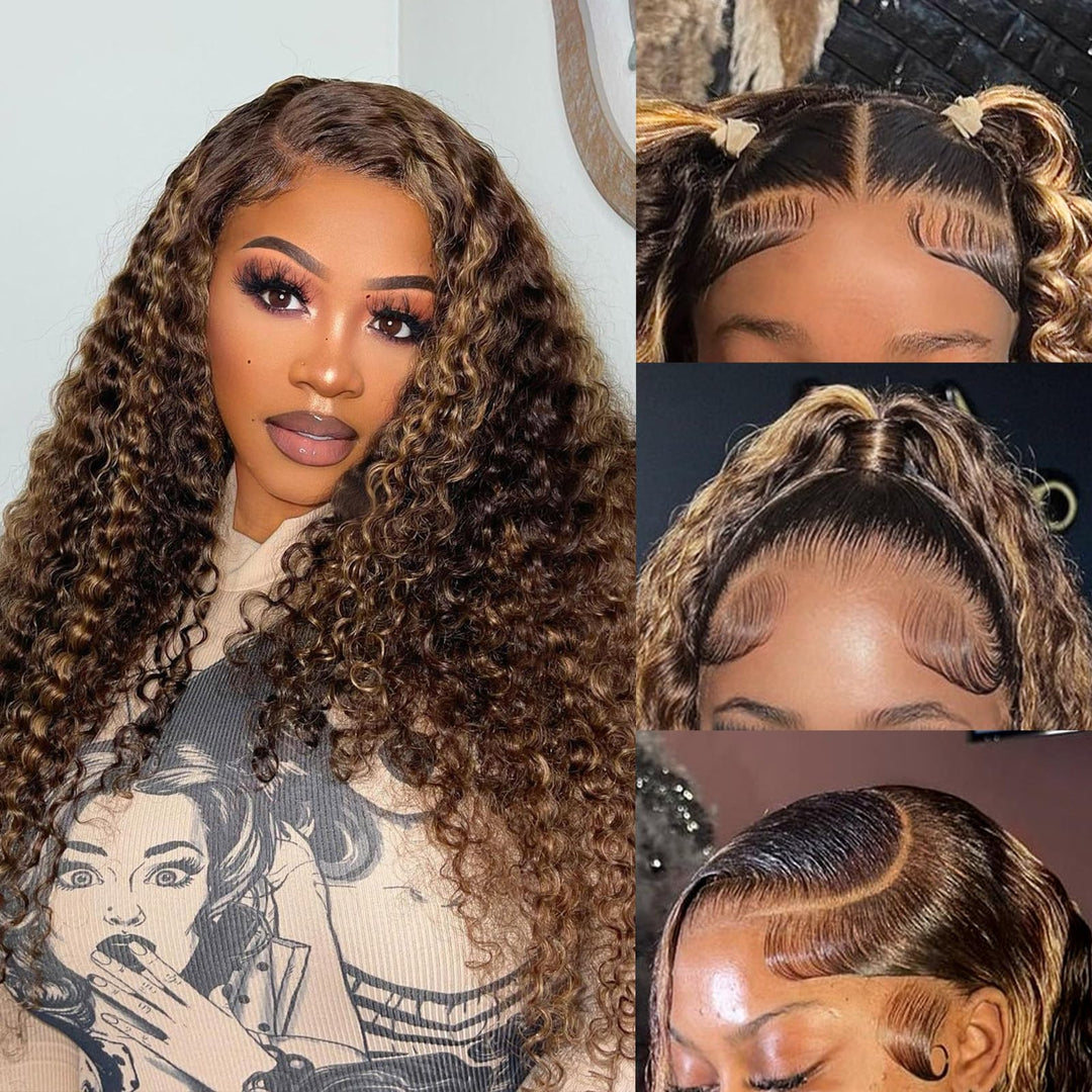 LRV Highlight Lace Front Wig Human Hair FB/30 13x4 Deep Wave Ombre Lace Front 13x4 HD Frontal Balayage Wigs Highlights Curly Human Hair Pre Plucked For Women 180 Density 20 Inch