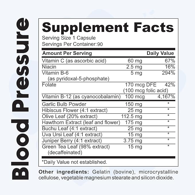 Blood Pressure Support Supplement with Garlic, Hibiscus, and Hawthorn - Supports Cardiac Health and Circulation, Healthy Heart-Supporting Herbs and Vitamins - 90 Capsules, 3 Months Supply.