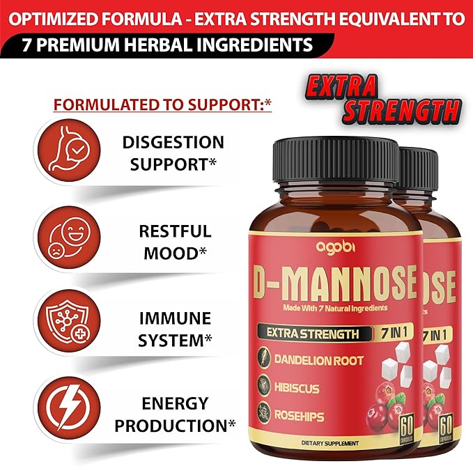 2 Packs 60 Counts 4 Months - D-Mannose Capsules - Natural Urinary Tract Health & Immune Support - 7in1 with Cranberry, Dandelion, Hibiscus & More