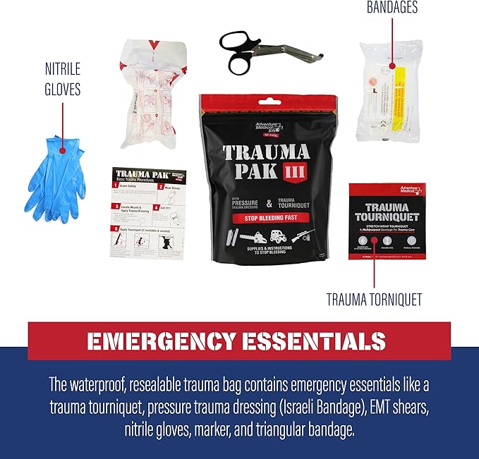 Adventure Medical Kit Trauma Pak III - Medical First Aid Kit - Emergency Trauma Kit with Trauma Bandage, Tourniquet, Trauma Guide & More - Compact First Aid Kit for Wound Care