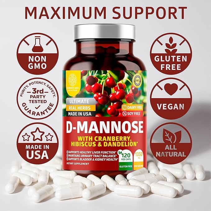 Number One Nutrition Premium D Mannose with Cranberry and Hibiscus [Max Strength, 1350mg] (120 Count (Pack of 2))
