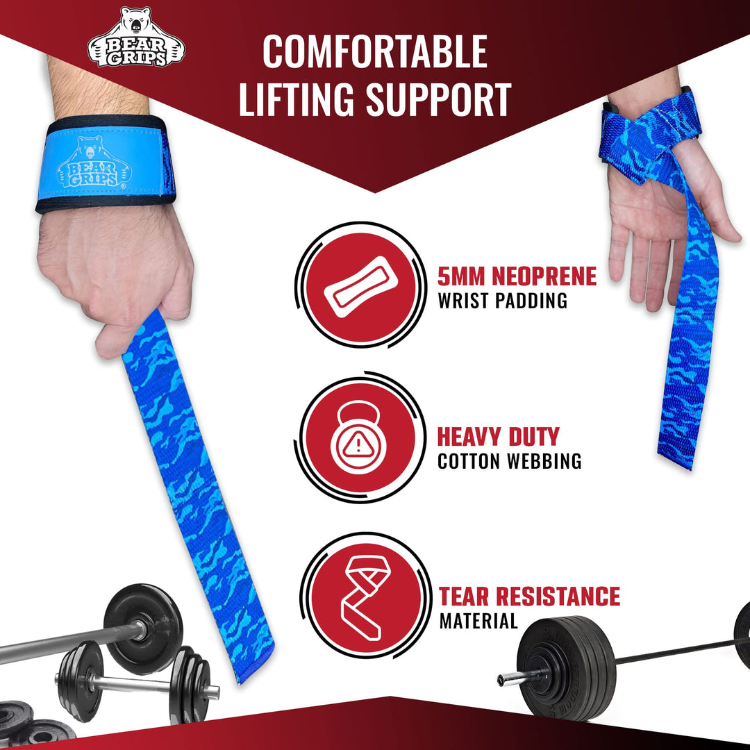 Bear Grips Lifting Straps Gym, Wrist Straps for Weightlifting, Gym Straps, Weightlifting Straps, Deadlift Straps, Weight Lifting Straps for Men, Weight Straps Lifting Women, 2 Lifting Strap Blue Camo
