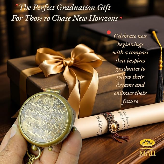True North Compass – Go Confidently in The Direction of Your Dreams – Embossed Brass Compass – Graduation, Confirmation, Birthday, Motivational Gift for Him, Her, Students, Boys, Girls, High School