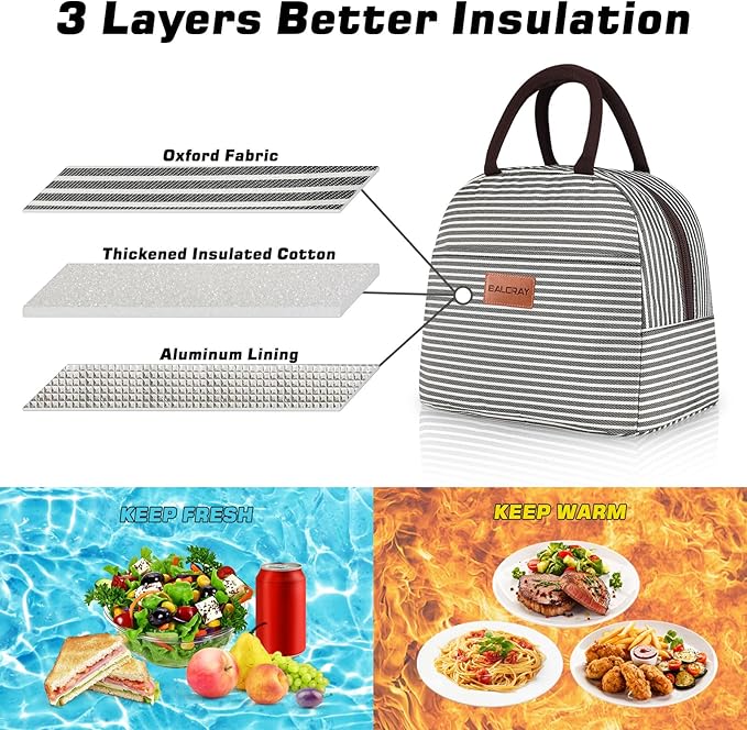 BALORAY Lunch Bag for Women Men Insulated Lunch Box for Adult Reusable Lunch Tote Bag for Work, Picnic or Travel(Black White Stripes)