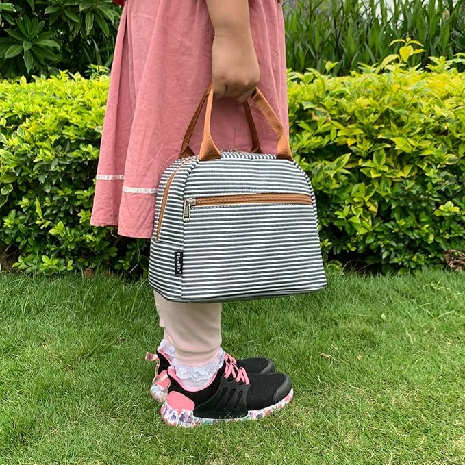 FlowFly Insulated Lunch Cooler Bag - Tote Bag Organizer for Women/Men, White & Black Stripe