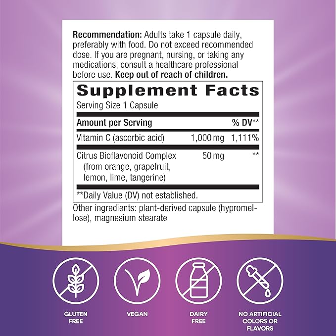 Nature’s Way Extra Strength Vitamin C with Bioflavonoids, Supports Immune Health*, Promotes Collagen Production for Healthy Skin*, 1g Vitamin C per Capsule, 100 Vegan Capsules (Packaging May Vary)