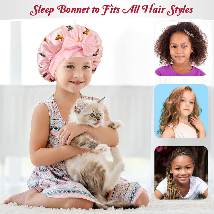 choshion 2 PCS Kids Bonnets for Girls, Silk Bonnet for Kids, Satin Silk Hair Bonnet for Sleeping with Tie Band, Baby Toddler Teens Child Sleep Cap for Curly Hair Braids