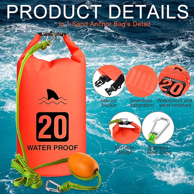 4 Set 2 in 1 Sand Anchor and Buoy Kit Floating Bag Kayak Anchor Waterproof Dry Bag for Lake Beach Boats Watercrafts Hiking Camping Water Sports Surfing Tubing Kayaking(Orange)