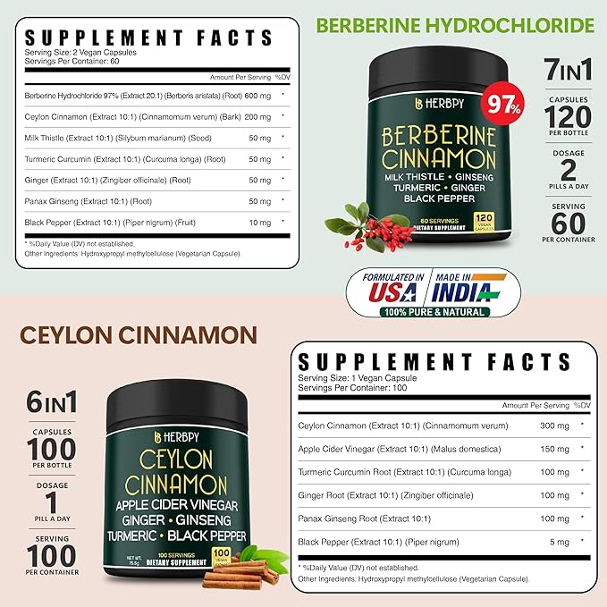 Bundle 7in1 16100mg Berberine HCl & 6in1 7550mg Premium Ceylon Cinnamon Supplements - Support Daily Activities, Body Balance, Immune & Digestion