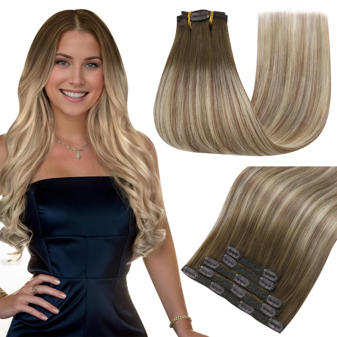 Easyouth Clip in Hair Extensions Real Human Hair Remy Clip in Extensions Ombre Darker Brown Fading to Dirty Brown Mixed Blonde Hair Extensions Clip ins Short Hair 12 Inch 70g 5pcs